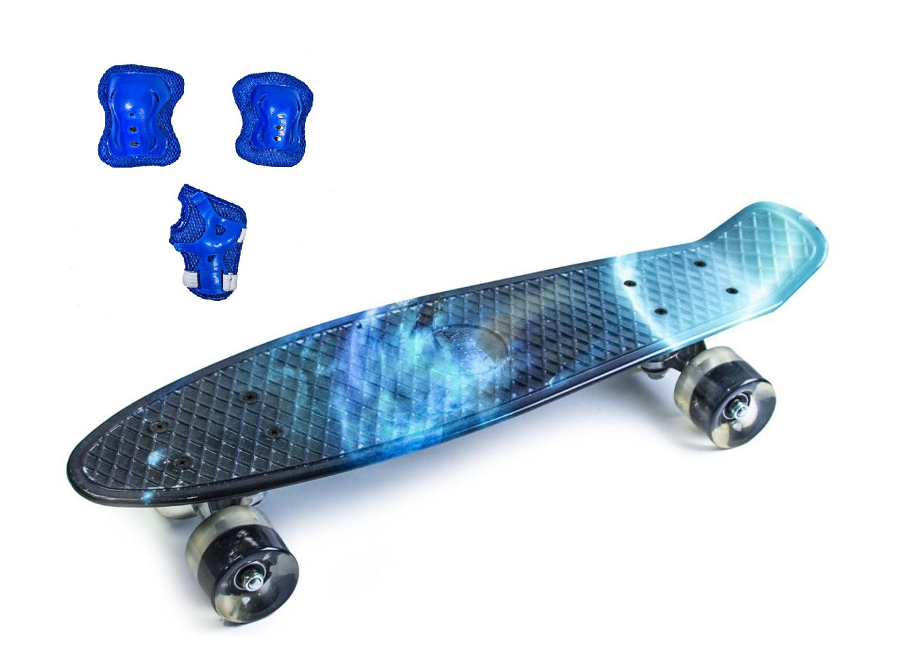 Набір скейтборд Penny Board. GALAXY + захист на коліна, лікті та долоні. Колеса світяться під час катання!