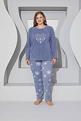 Жіноча тепла піжама блакитна з флісу полар батал, Сніжинка