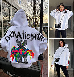 Біле худі оверсайз жіноче на флісі тепле молодіжне з принтом на спині, розмір 42/46