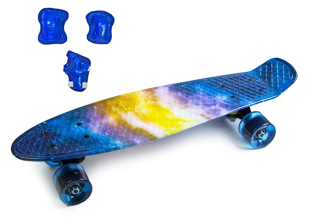Набор СкейтБорд Penny Board. UNIVERSE + защита на колени, локти и ладони. Колеса светятся при катании! Набор СкейтБорд Penny Board. UNIVERSE + защита на колени, локти и ладони. Колеса светятся при катании!