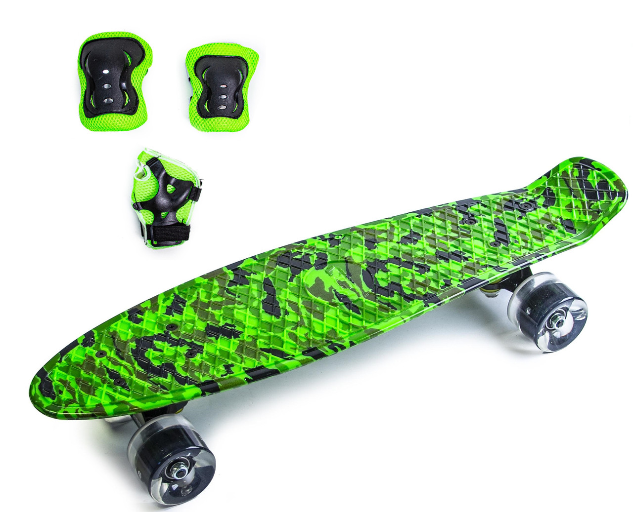 Набір скейтборд Penny Board. MILITARY + захист на коліна, лікті та долоні. Колеса світяться під час катання!