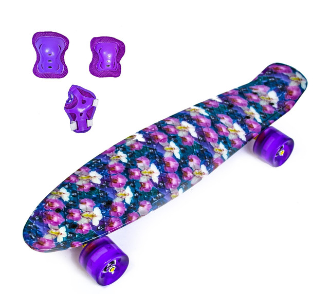 Набор СкейтБорд Penny Board. Орхидея + защита на колени, локти и ладони. Колеса светятся при катании! Набор СкейтБорд Penny Board. Орхидея + защита на колени, локти и ладони. Колеса светятся при катании!