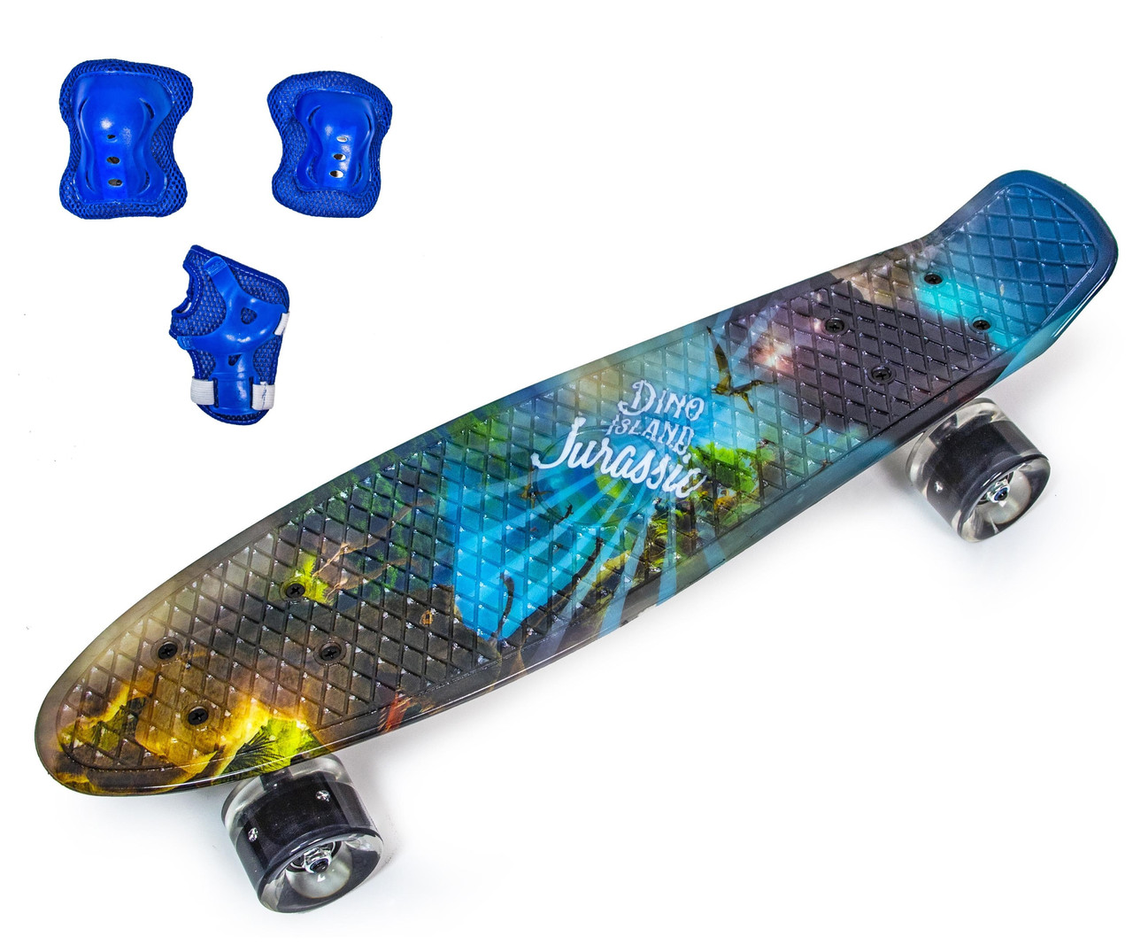 Набір скейтборд Penny Board. DINO + захист на коліна, лікті та долоні. Колеса світяться під час катання!