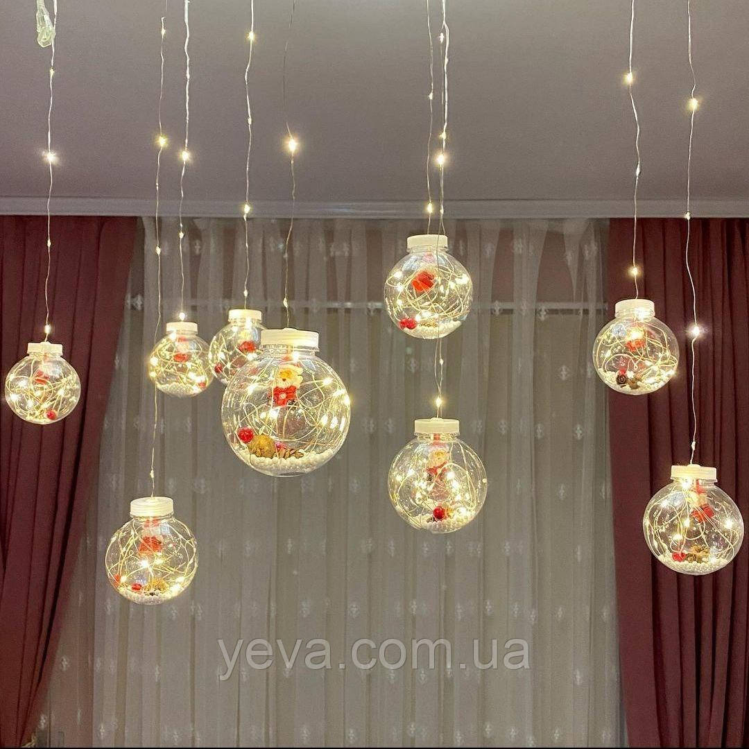 Новорічні гірлянди у вигляді кульок дід мороз, Гірлянда кулі з дідом морозом 10 шт 3м*0.8м, Лед гірлянди