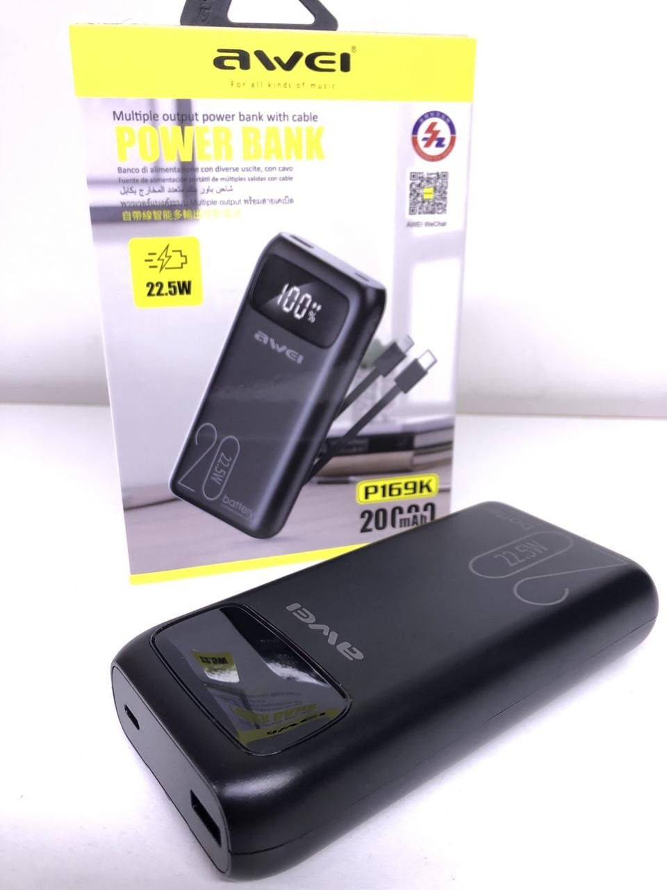 Power Bank Awei P 169K (20 000 mAh 22.5W) з Type-C та Lightning Cable Black