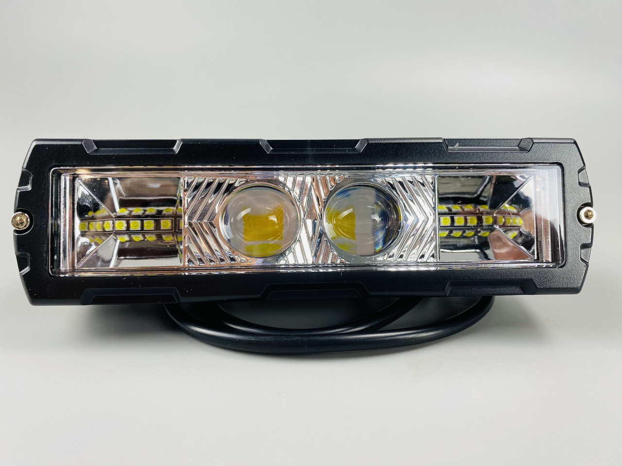 Прямокутна LED фара 25W 12-80V 2 Об'ємні 3D лінзи жовте та біле світло із чіткою межею світла і ще 12 діодів, фото 1