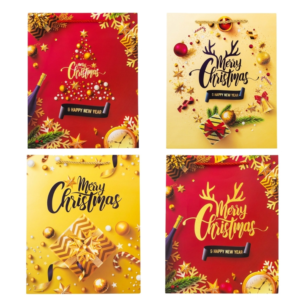 Новорічний подарунковий пакет "Christmas" (26х32х10 см), 4 дизайни, в пакованні 12 шт., фото 1