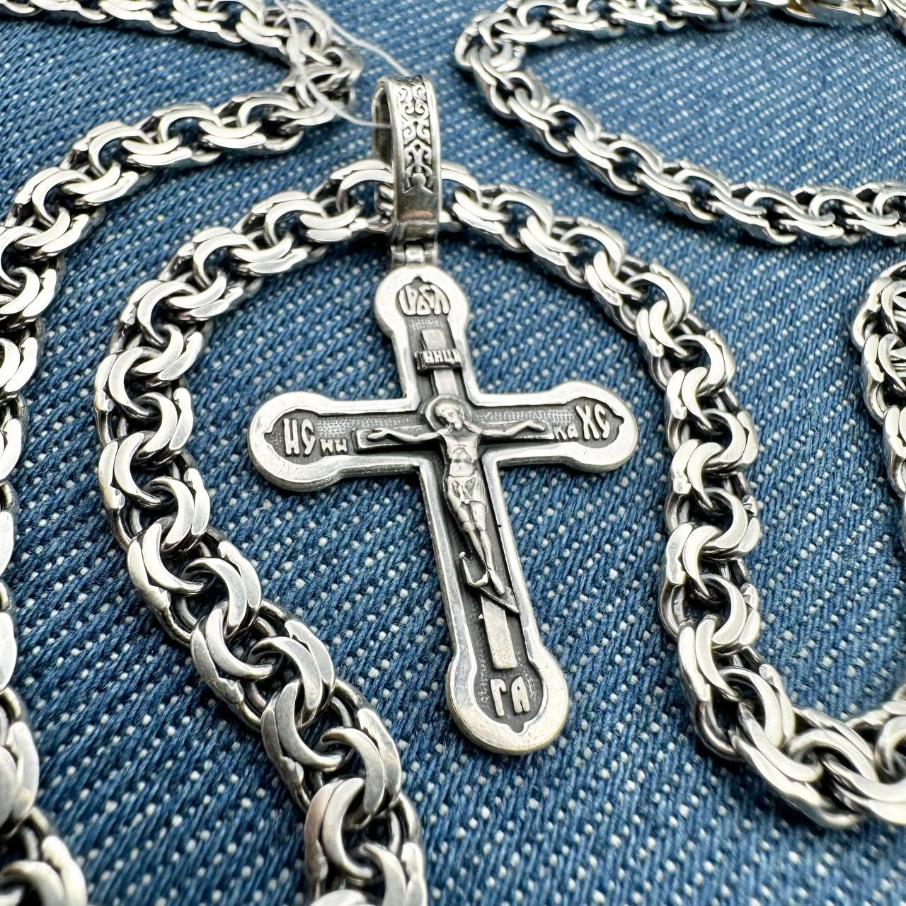 Срібний комплект з чорнінням ланцюжок плоский бісмарк та невеликий хрест 925 проба