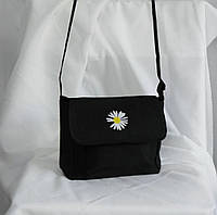 Сумка через плече на блискавці вмістовна сумка з ромашкою шопер базовий сучасний стиль чорний крос-боді з квіткою два відділення