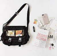 Черная большая сумка для учебы студенческий мессенджер прозрачное отделение милая сумка формат А4 для ученика