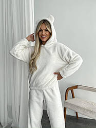 Жіночий домашній МАХРОВИЙ костюм ПІЖАМА ВЕДМЕДИК штани кофта МОЛОЧНИЙ 1564