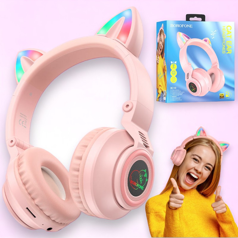 Бездротові Bluetooth навушники BIG Borofone BO18 з вушками та LED підсвічуванням, дитячі навушники, рожеві