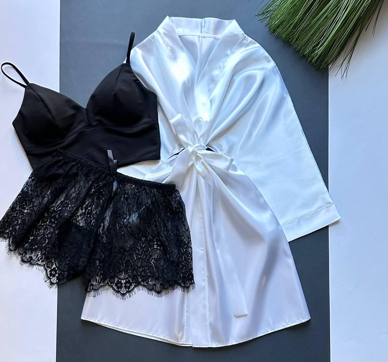 Комплект трійка, топ + шорти та жіночий халат. XS-S на чашку АВС