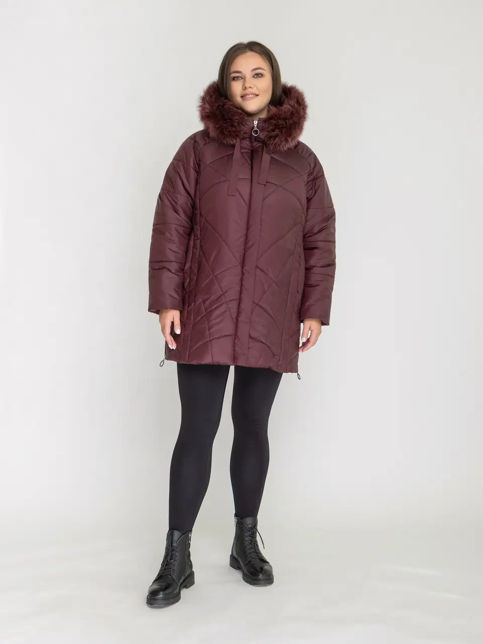 Жіноча зимова куртка великих розмірів із хутром у кольорі марсала. Li-174 у розмірах 56-66, фото 1