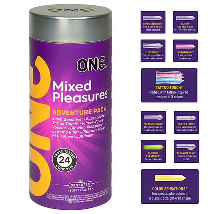 Презервативи ONE Mixed Pleasures 24 штуки 8 різних видів, фото 1