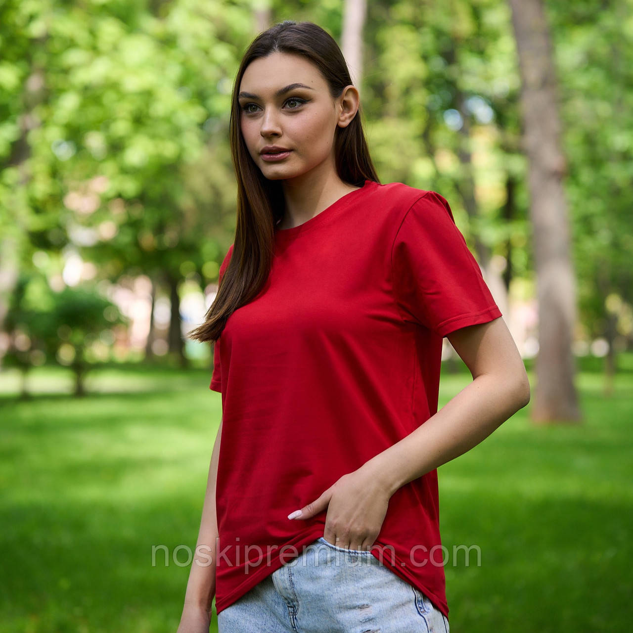 Футболка жіноча стрейчева Premium, Україна, червона, 010753