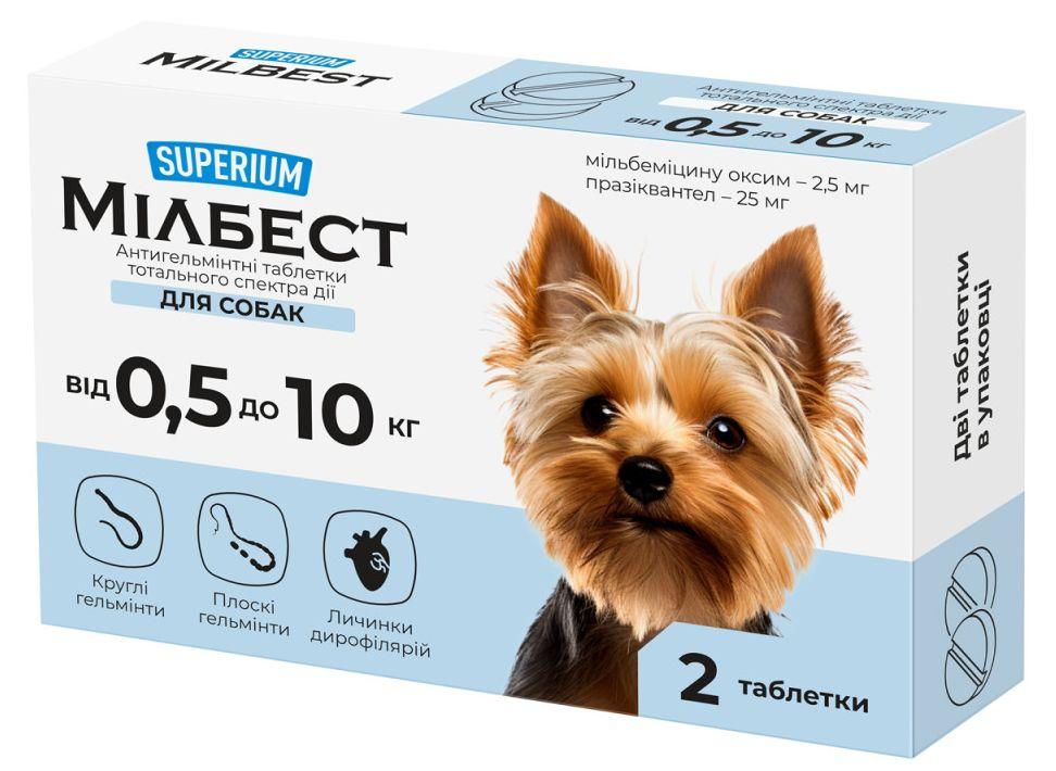 Суперіум Мілбест Superium Milbest таблетки від глистів для собак і цуценят вагою 0,5 - 10 кг, 2 таблетки, фото 1
