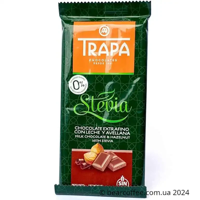 Шоколад молочний зі стевією та фундуком Trapa Stevia Milk Chocolate Hazelnut 0% Added Sugar, 75 г Іспанія