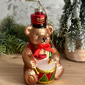 Ялинкова скляна іграшка ретро Ведмедик з декором із гліттера 12см