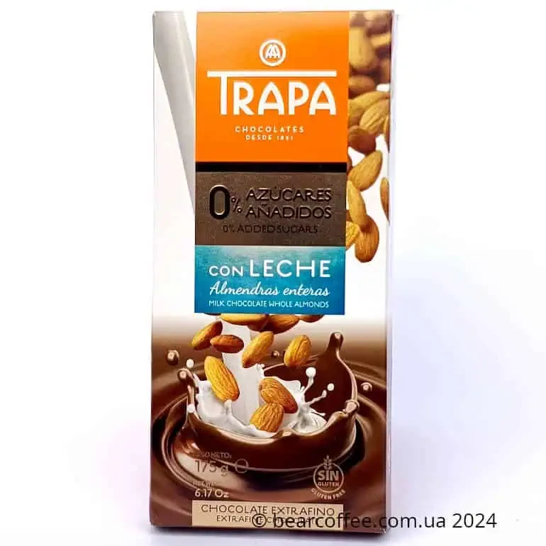 Молочний шоколад без цукру без глютену з мигдалем Trapa 175 г Іспанія