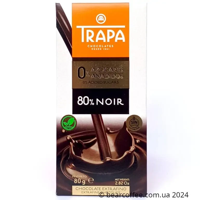 Екстра чорний шоколад без цукру Trapa Intenso 80% Noir Sugarfree 80 грам Іспанія