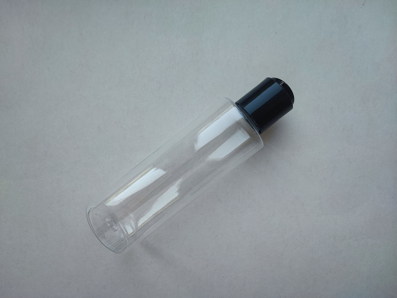 150мл/24мм ЦИЛІНДР ПЕТ прозорий з чорною кришкою диск-топ 24 мм, пляшка пластикова, пластмасова, баночка