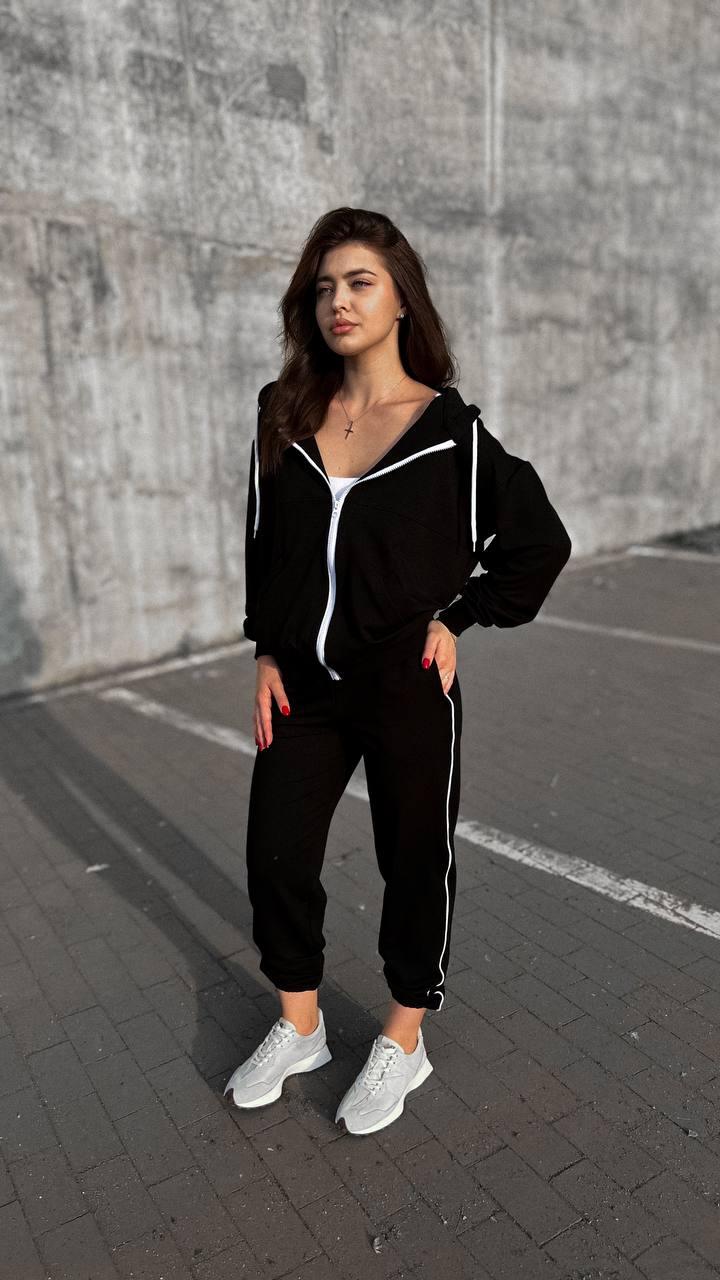 Яскравий жіночий стильний спортивний чорний костюм на осінь, турецька двонить, для спорт залу, модний, хорошої якості, легкий, бав - фото 1 - id-p2355278258
