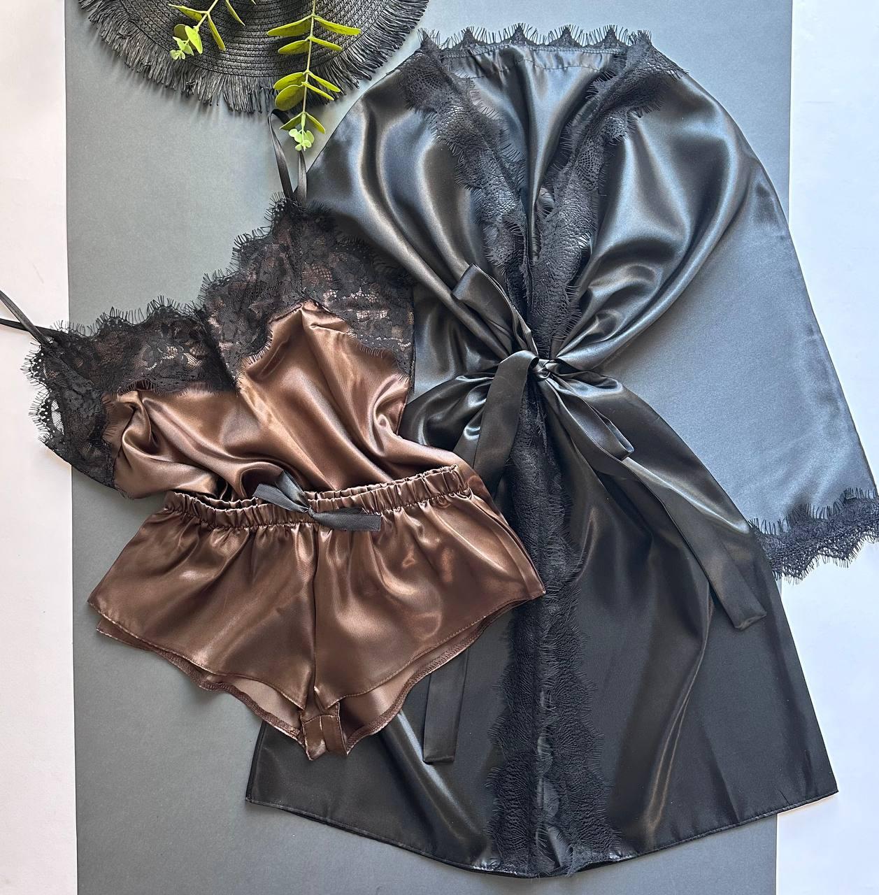 Халат домашній короткий + пилка із шортами-комплект з атласу.