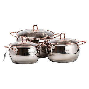 Набір каструль із нержавіючої сталі з кришками і товстим дном Haus Roland 3 штуки 2.6 л - 3.6 л - 6.1 л Хром