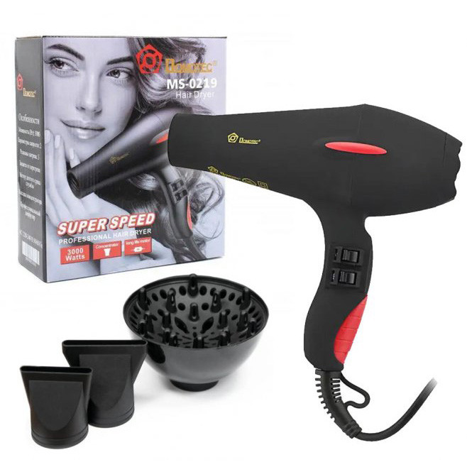 Професійний фен для волосся Domotec MS 0219 з дифузором 3000Вт чорний CS-39, фото 1