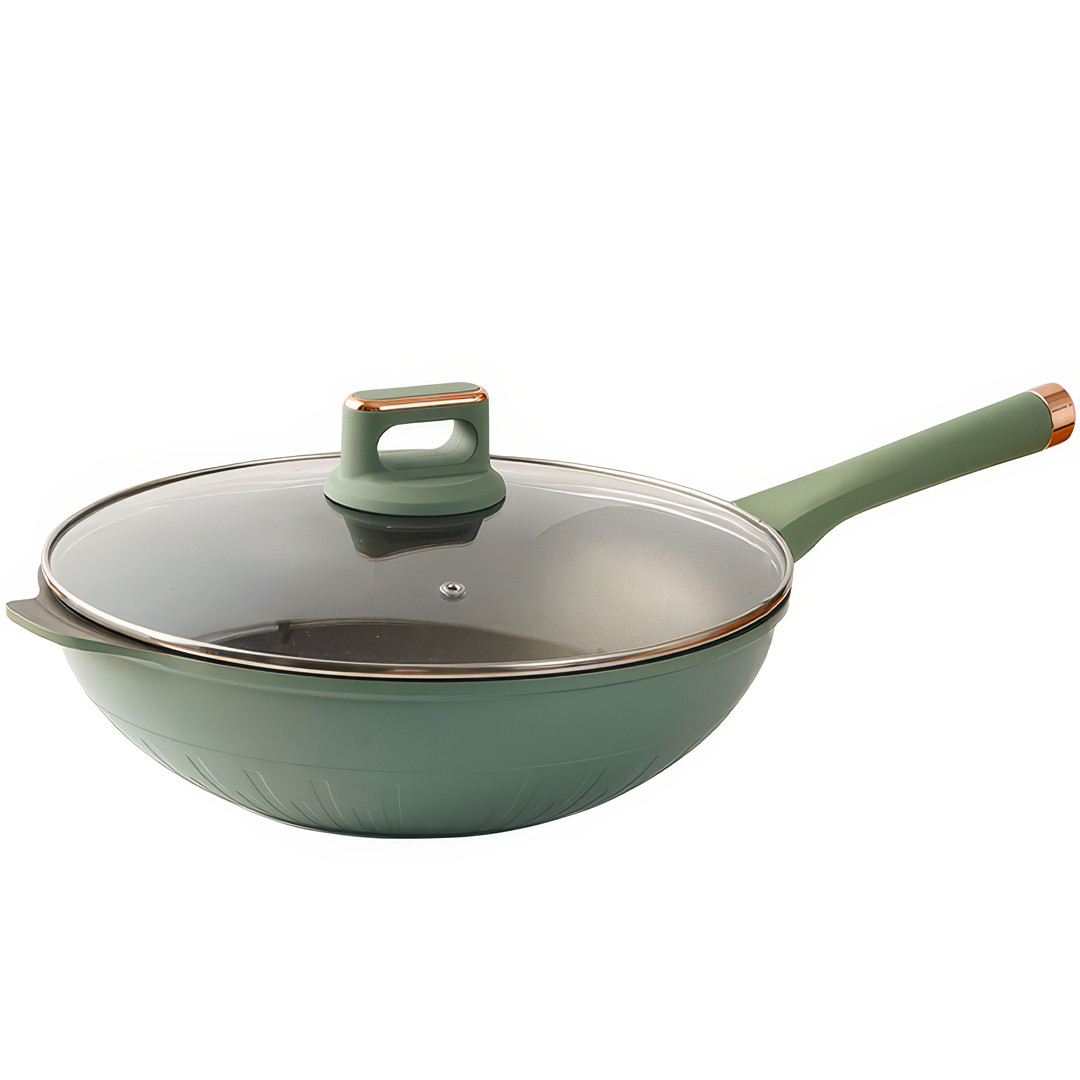 Сковорода з антипригарним покриттям зі скляною кришкою Wok 32 см Сковорода для кухні Зелена, фото 1
