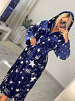 Махровий жіночий халат с капюшоном довгий теплий зимовий космос зірки