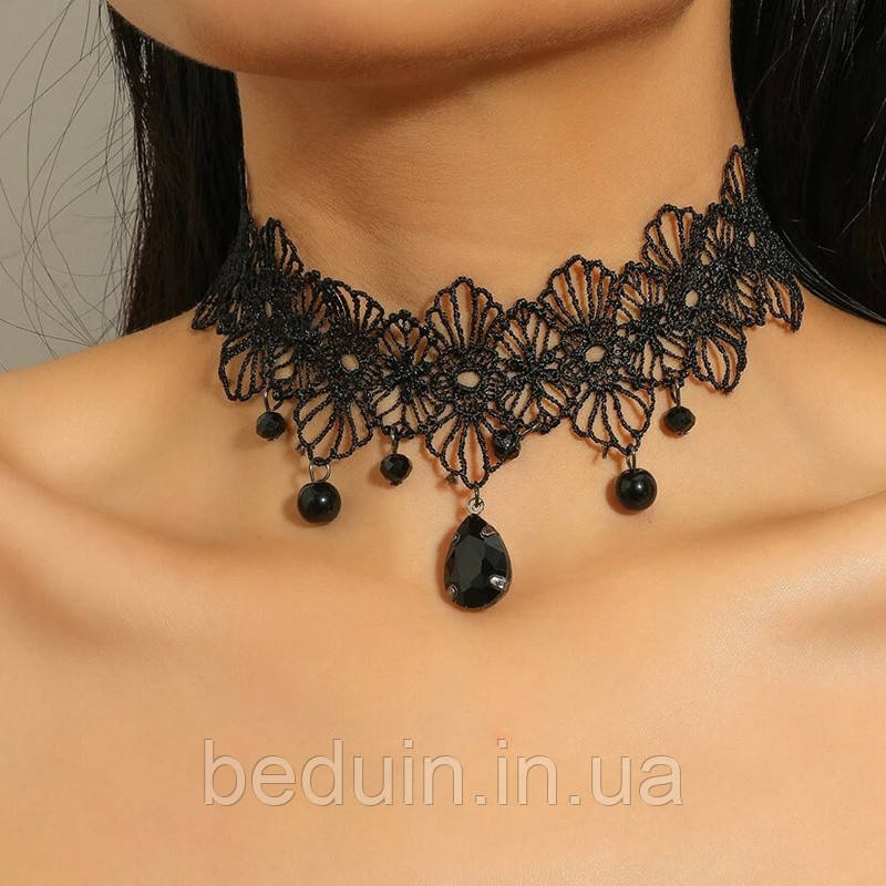 Мереживний готичний чокер на шию з намистинами "Ріана" чорний — Aushal Jewellery