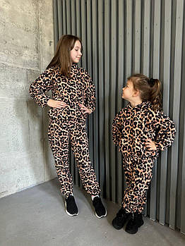 Дитячий флісовий теплий костюм з леопардовим принтом