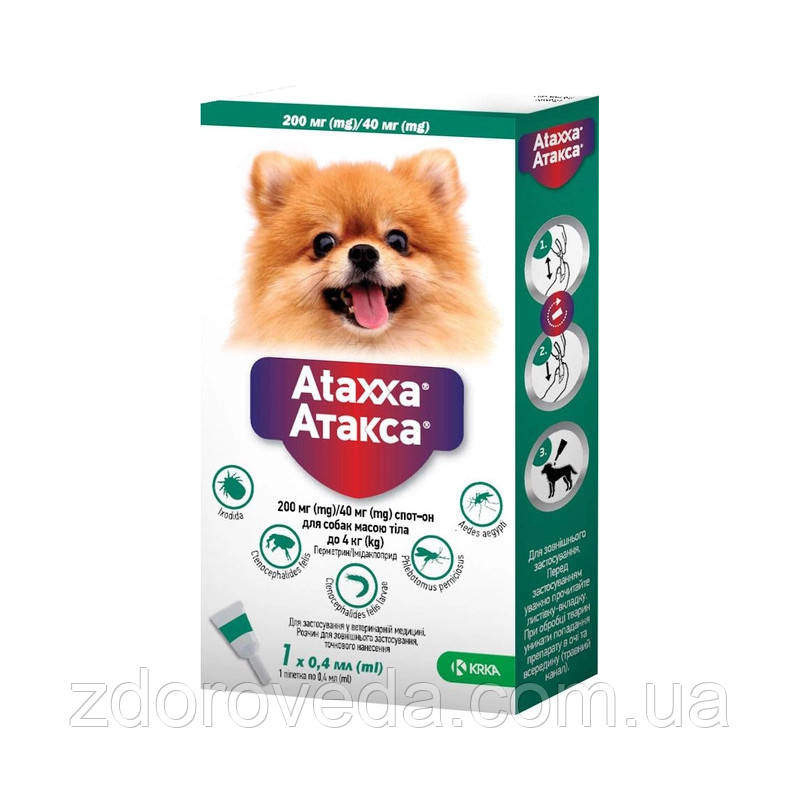 Ataxxa (Атакса) краплі на холку від бліх та кліщів для собак вагою до 4 кг, 1 піпетка