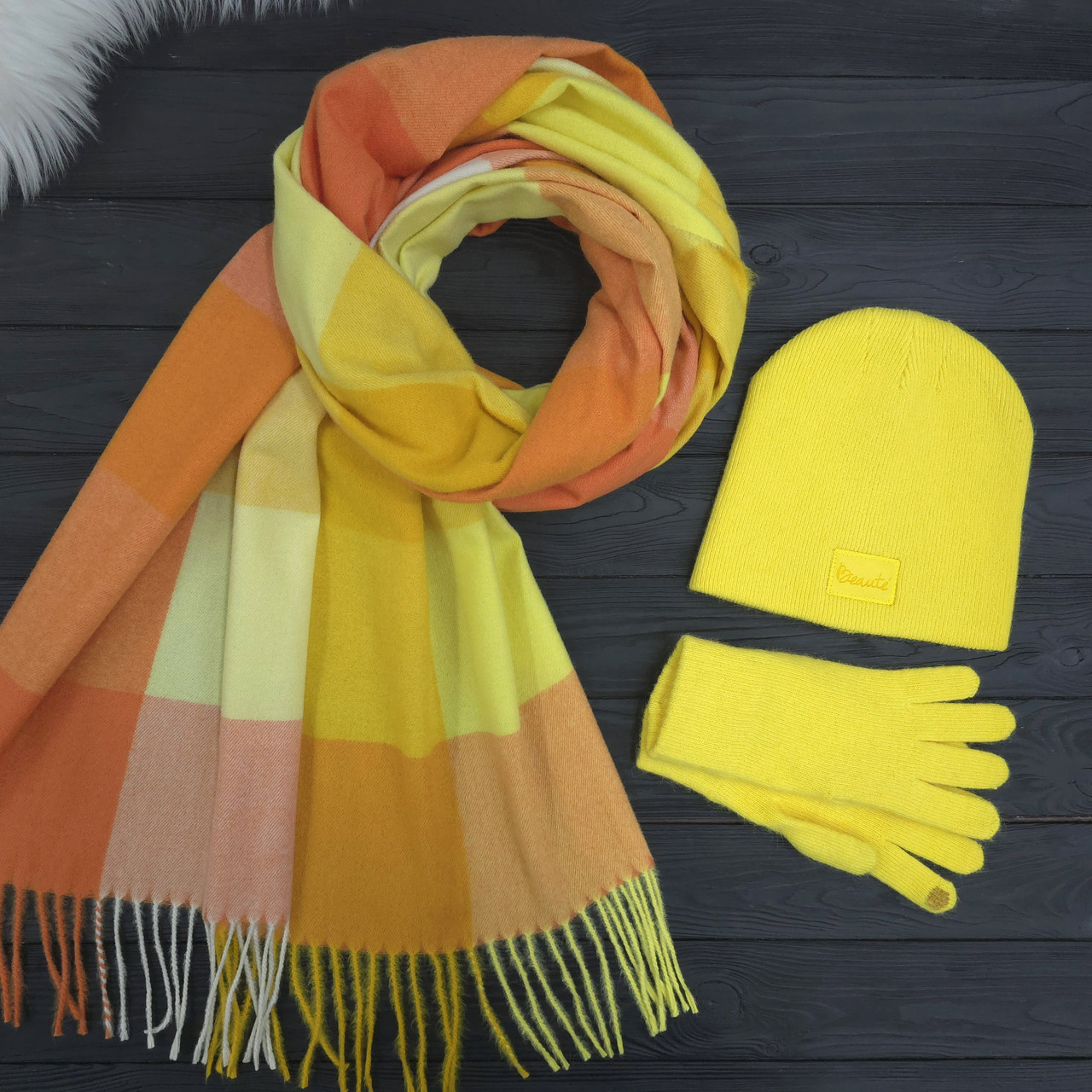 Комплект жіночий зимовий ангора з вовною (шапка+шарф+рукавички) ODYSSEY 55-58 см Жовтий 13332 - 1145 - 4233, фото 1