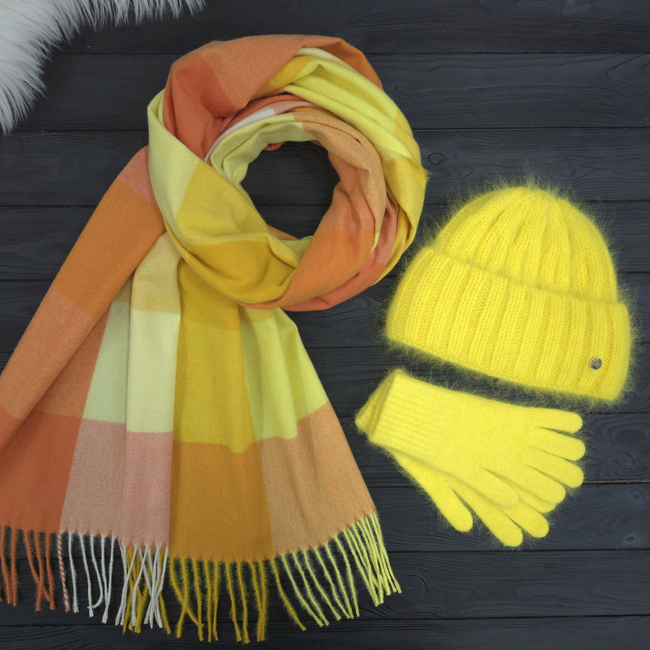 Комплект жіночий зимовий ангоровий на флісі (шапка+шарф+рукавички) ODYSSEY 57-59 см Жовтий 14166 - 1145 - 4197, фото 1