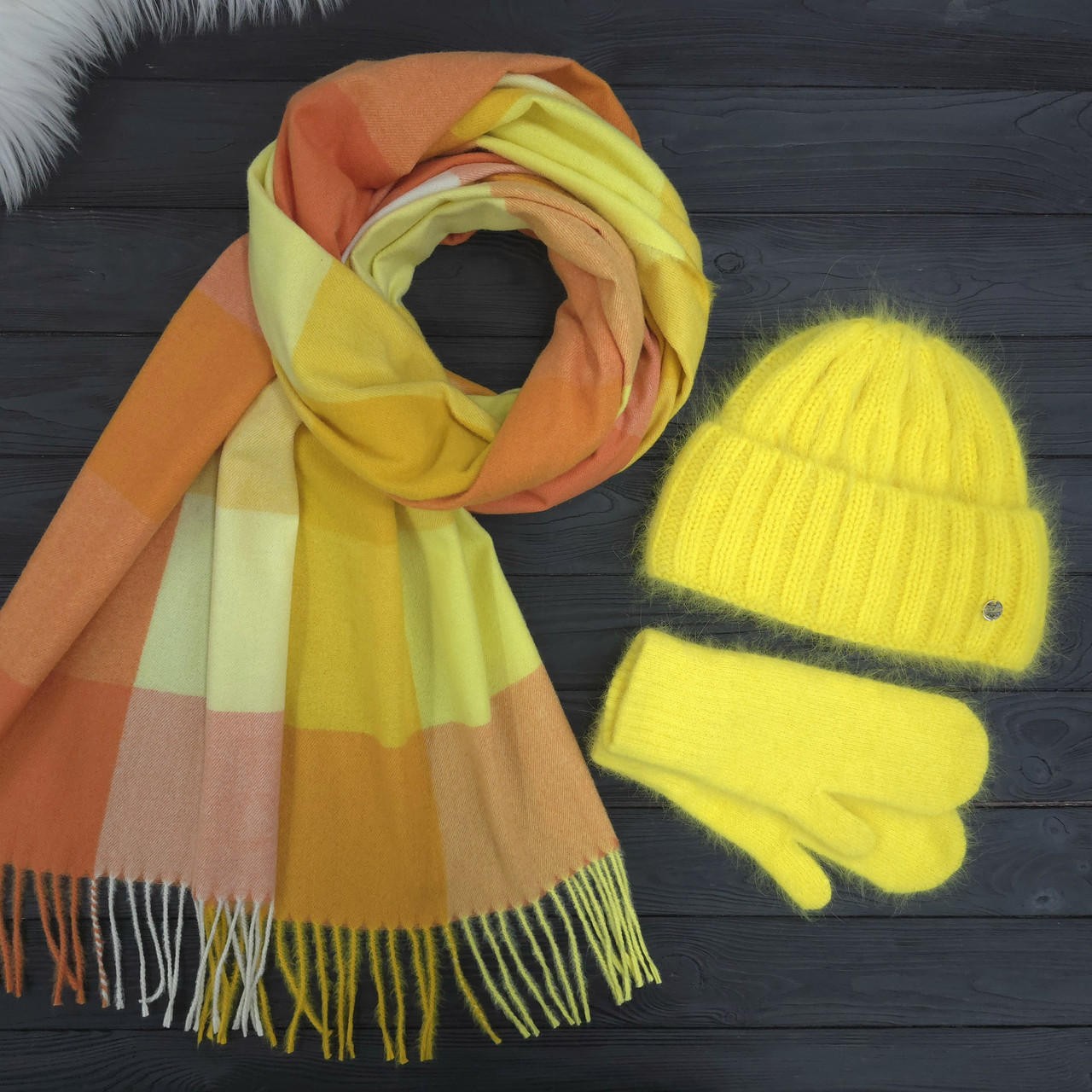 Комплект жіночий зимовий ангоровий на флісі (шапка+шарф+рукавиці) ODYSSEY 57-59 см Жовтий 14166 - 1145 - 4129, фото 1