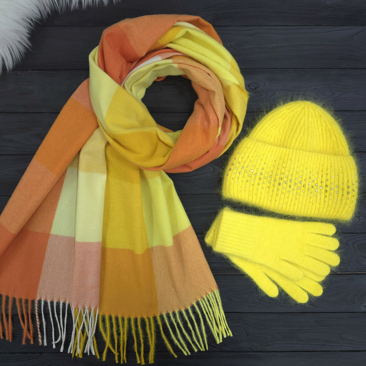 Комплект жіночий зимовий ангоровий на флісі (шапка+шарф+рукавички) ODYSSEY 56-59 см Жовтий 14274 - 1145 - 4197, фото 1
