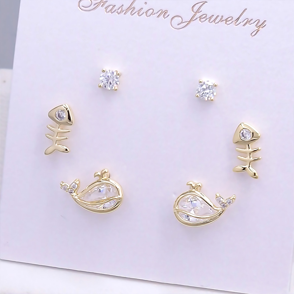 Набір із 3-х пар сережок-гвоздиків FJ. Позолота лимонного відтінку. Камені: циркон