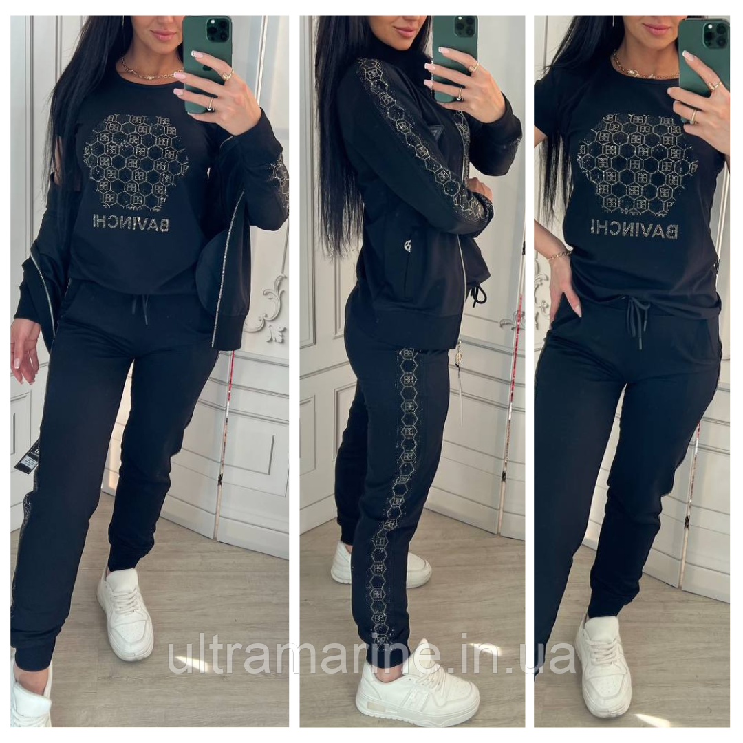 М. Стильний жіночий костюм Bavinchi трійка з футболкою прикрашений стразами Чорний (трикотаж двунить Туреччина), фото 1