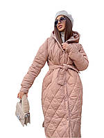 Зимнее женское теплое пальто беж Длинное в пол, синтепоновое с капюшоном, молодежное стильное от производителя