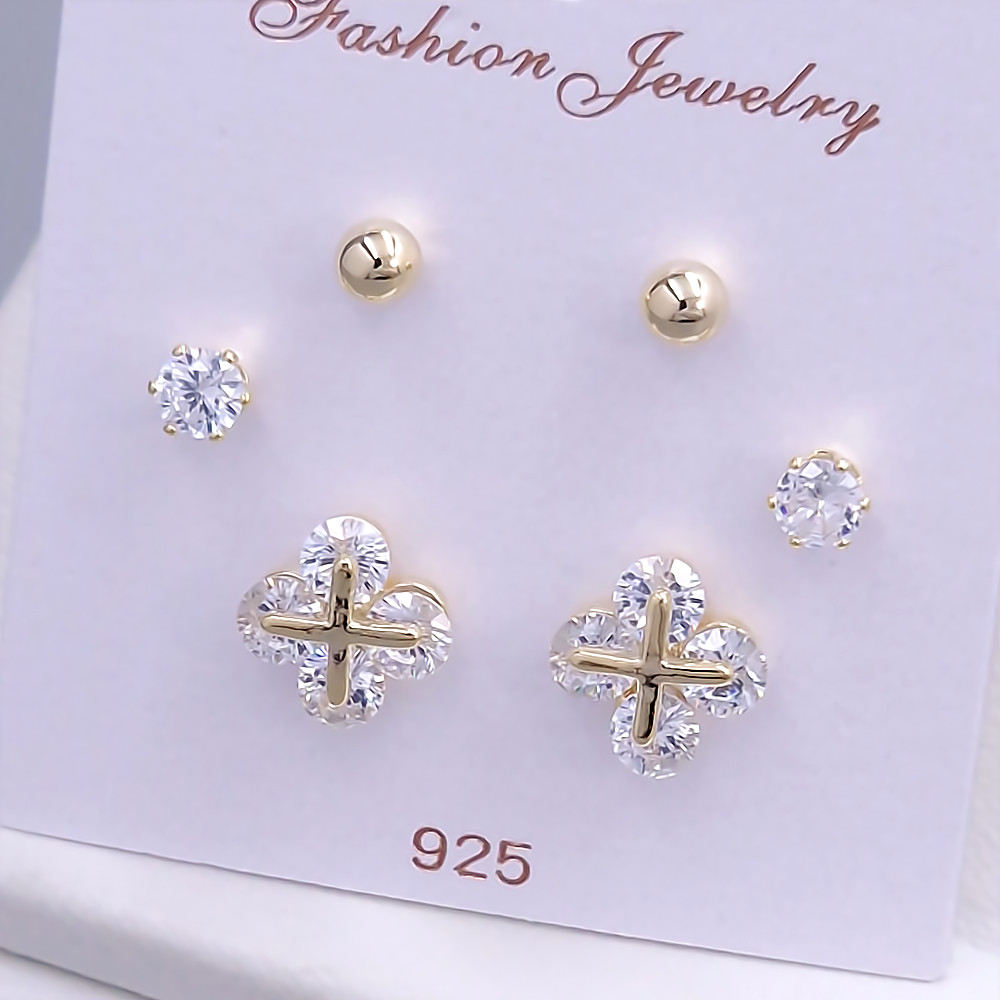 Набір із 3-х пар сережок-гвоздиків FJ. Позолота лимонного відтінку. Камені: циркон