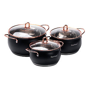 Набір каструль із нержавіючої сталі з кришками і товстим дном Haus Roland 3 штуки 2.6 л - 3.6 л - 6.1 л чорний