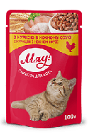 Повнораціонний консервований корм для дорослих котів «МЯУ» «З куркою в ніжному соусі», 100 г