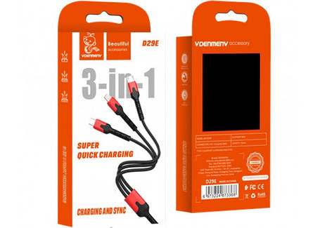 Кабель Denmen D29E 3in1 Micro + Lightning + Type-C Кабель 3в1, фото 1
