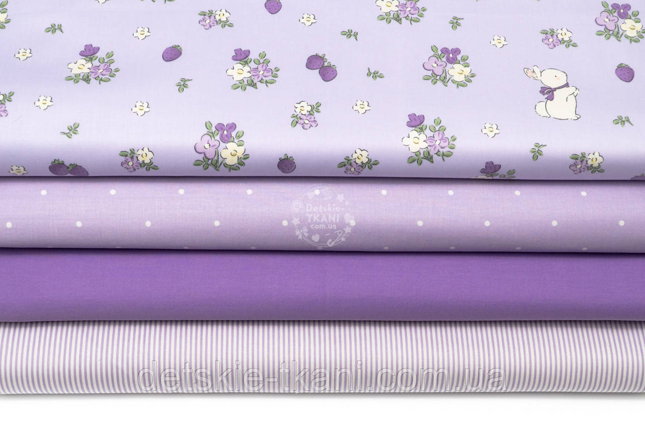 Набір сатинових тканин 40*40 см із 4 штук "Кролики та квіточки", фото 1