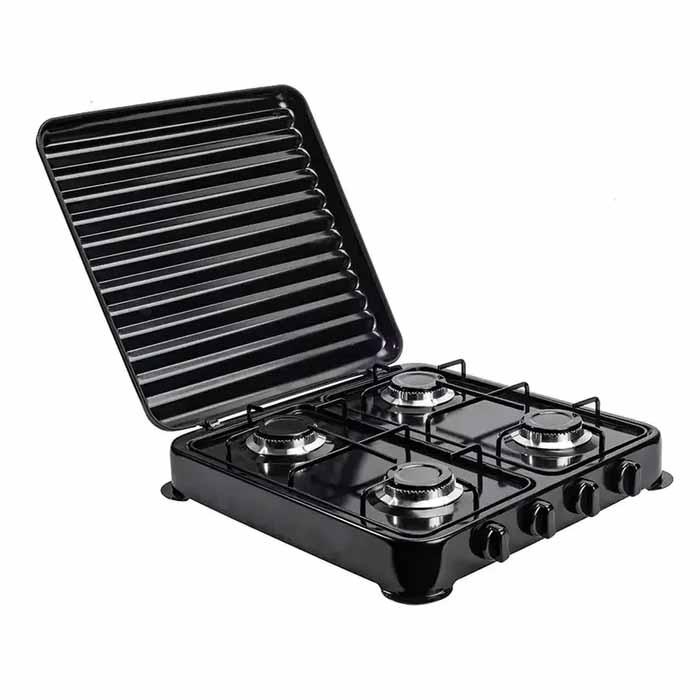 Газова настільна плита Rainberg RB-2227 на 4 конфорки під балонний газ, таганок чорний, білий