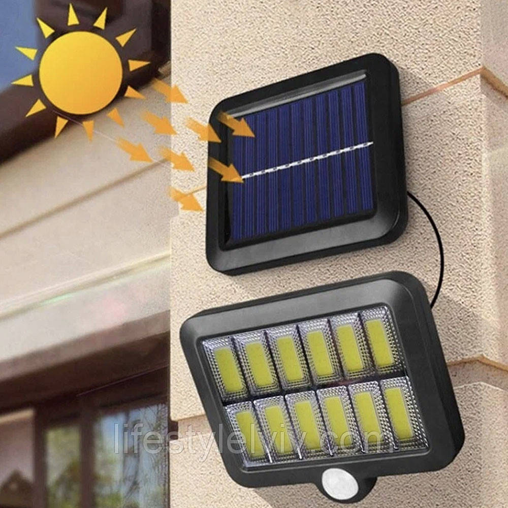 Вуличний LED ліхтар із сонячною панеллю та датчиком руху BL-12COB / Прожектор акумуляторний, фото 1