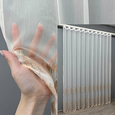 Готова тюль (3х2,5м.) з тканини бамбук з вишивкою. Колір молочний з пудровим. Код 1509т 40-183